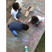 An aerial view of the children coloring on the sidewalk with chalk